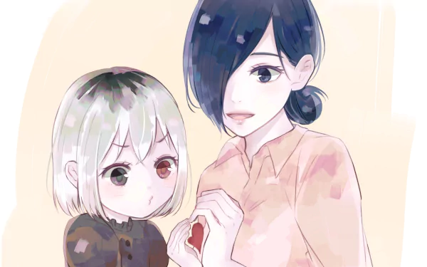 HD desktop wallpaper featuring anime characters Touka Kirishima and Ichika Kaneki from Tokyo Ghoul:re, depicted in a soft, pastel art style.