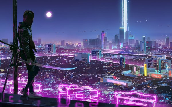 Sci Fi Cyberpunk Woman Warrior Sword City Cityscape Futuristic HD Wallpaper | Background Image