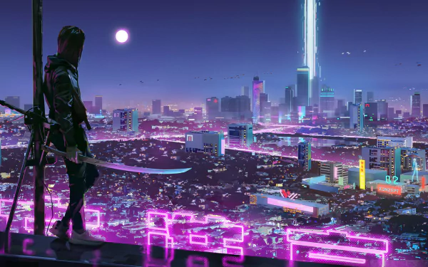 HD wallpaper of a woman warrior with a sword overlooking a futuristic cyberpunk cityscape under a moonlit sky.