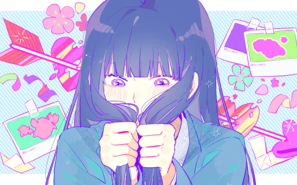 HD PC desktop wallpaper featuring Sawako Kuronuma from the anime Kimi Ni Todoke, showcasing her shy expression against a colorful, playful background.