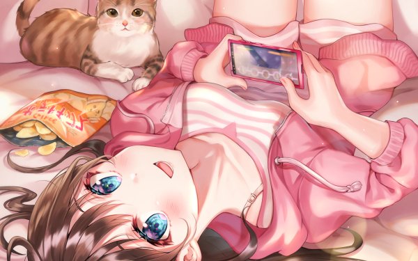 Anime Original Blue Eyes Brown Hair Cat Phone HD Wallpaper | Background Image
