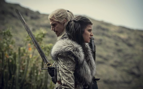 4K Ultra HD wallpaper featuring Henry Cavill as Geralt of Rivia and Anya Chalotra as Yennefer of Vengerberg from the TV show The Witcher.