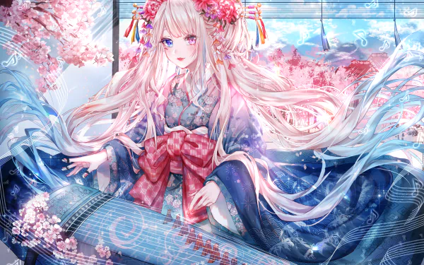 Anime character with heterochromia wearing a kimono, surrounded by cherry blossoms and celestial elements, seated by a musical instrument. This vibrant HD wallpaper captures a serene and ethereal atmosphere.