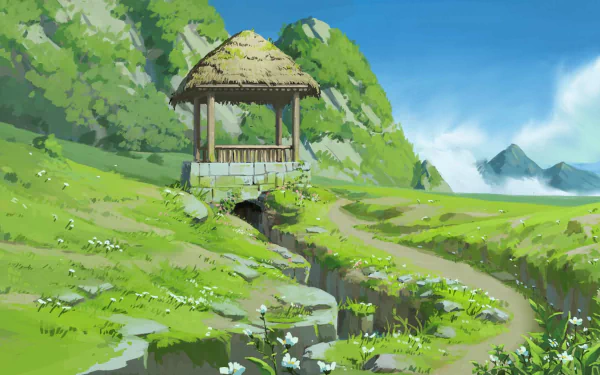 Anime-style HD desktop wallpaper depicting a serene green landscape with a rustic hut next to a stone well under a clear blue sky.