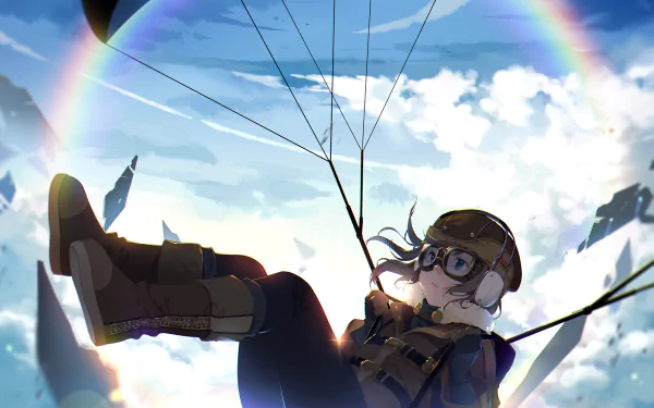Anime-style HD desktop wallpaper depicting a parachuting character soaring through a bright sky with clouds and a vibrant rainbow.