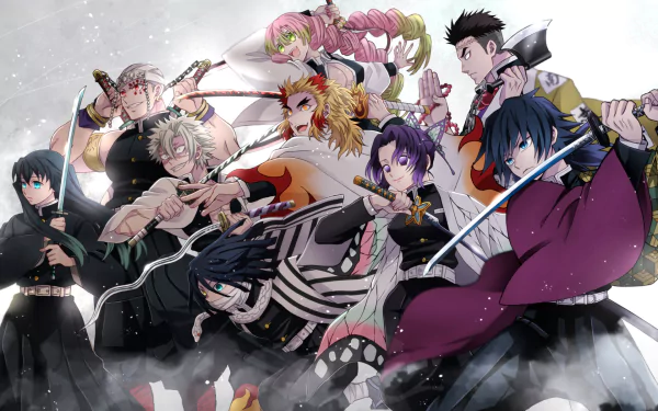 HD PC desktop wallpaper featuring Gyomei Himejima, Kyojuro Rengoku, Obanai Iguro, Mitsuri Kanroji, Giyuu Tomioka, Shinobu Kochou, Sanemi Shinazugawa, Tengen Uzui, and Muichiro Tokito from Demon Slayer: Kimetsu no Yaiba.