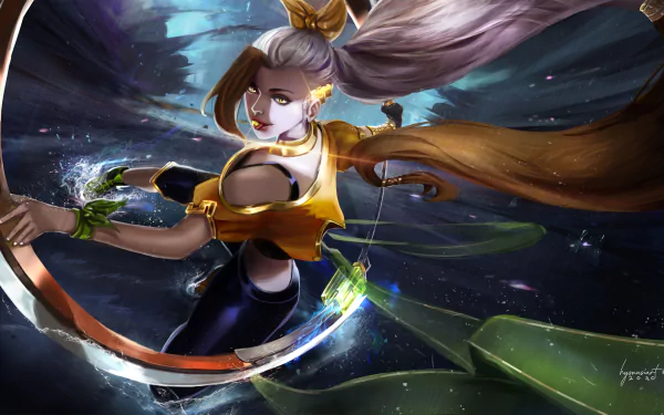 A dynamic cyberpunk fantasy warrior dancer with flowing hair and golden armor, captured in a vivid, detailed 4K Ultra HD desktop wallpaper.