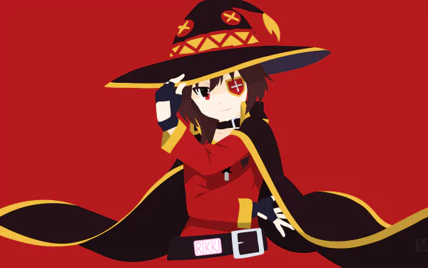 4K desktop wallpaper of Megumin (KonoSuba) — eye‑patched anime wizard in a red cloak and wide‑brim hat, striking a confident pose against a bold red background.