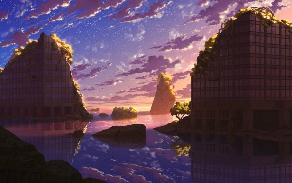 Anime Post Apocalyptic Water Ruin Starry Sky Sunset Reflection HD Wallpaper | Background Image