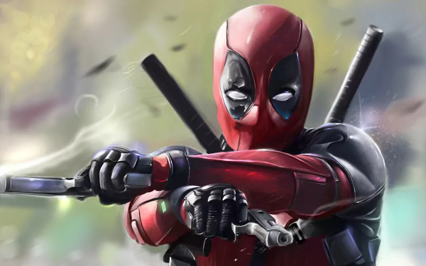 HD desktop wallpaper featuring Deadpool in action, wielding twin katanas with an artistic, dynamic background.