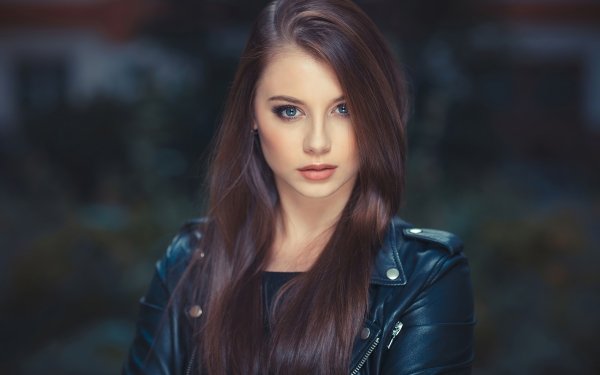 Women Model Leather Jacket Blue Eyes Brunette HD Wallpaper | Background Image