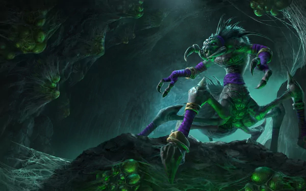 2K Quad HD PC desktop wallpaper of a spider-like creature from the video game Warcraft III: Reforged, crouching amid glowing webs in a dark cavern.