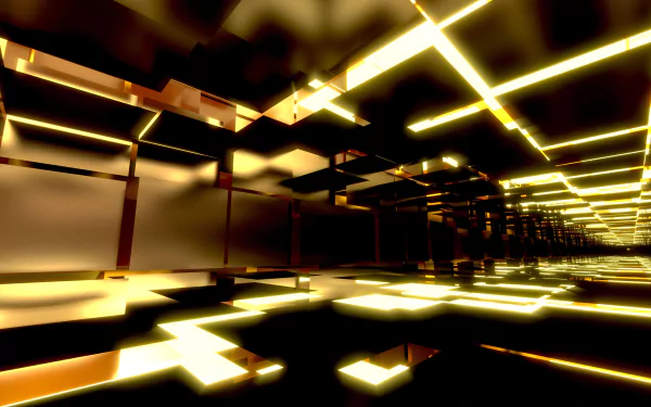 Abstract 3D gold and yellow digital landscape created in Blender, displayed as a 4K Ultra HD PC desktop wallpaper with reflective surfaces and geometric light patterns.