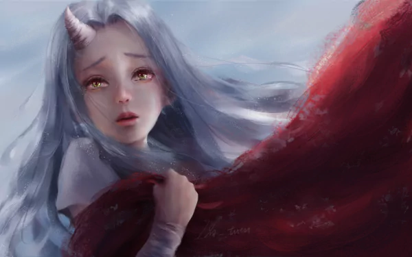 HD anime desktop wallpaper of Eri from My Hero Academia with long silver hair and yellow eyes, clutching a red cloth against a soft, cloudy background.