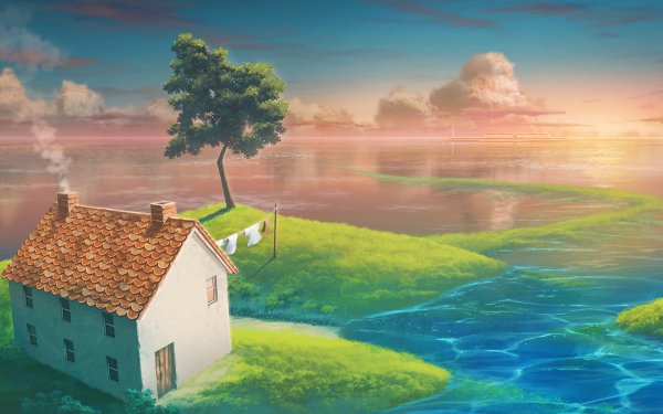 Anime House Sunset Sky Ocean Sea Tree HD Wallpaper | Background Image