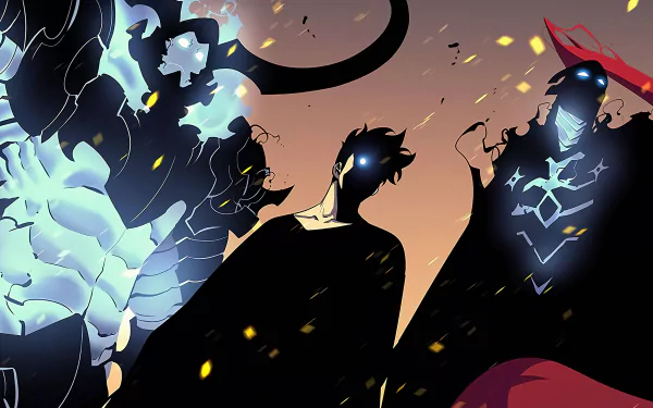 HD wallpaper of Iron, Igris, and Sung Jin-Woo from Solo Leveling, featuring dynamic, mystical anime-style artwork.