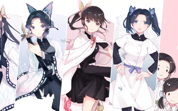 HD anime wallpaper featuring Aoi Kanzaki, Kanae Kocho, and Shinobu Kochou from Demon Slayer: Kimetsu no Yaiba with black hair and butterfly motifs.