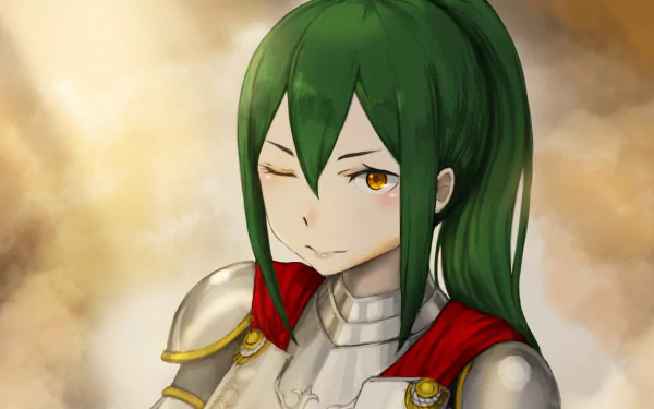 Crusch Karsten from Re:Zero - Starting Life in Another World winking in silver armor with green hair and a red cloak, painted anime HD desktop wallpaper