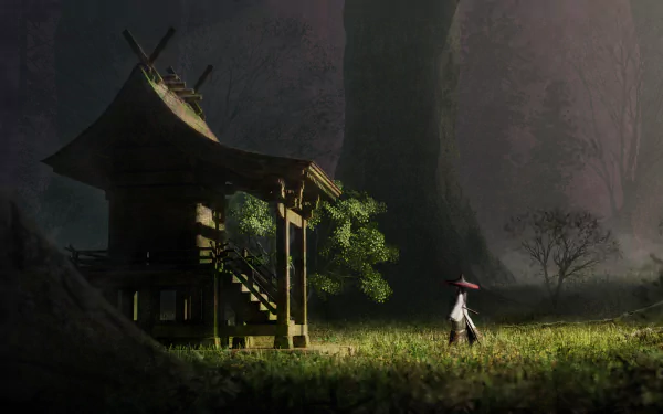 HD Anime desktop wallpaper featuring a solitary figure in traditional attire walking beside a serene temple in a mystical forest setting.