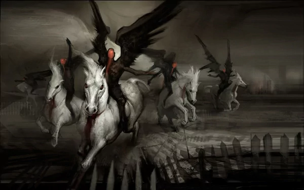 HD desktop wallpaper depicting dark angels with wings riding white horses through an apocalyptic landscape, evoking a demon-themed, eerie atmosphere.