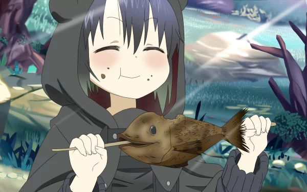 Anime-style HD desktop wallpaper featuring Somali from Somali and the Forest Spirit, smiling while holding a roasted fish in a vibrant forest setting.