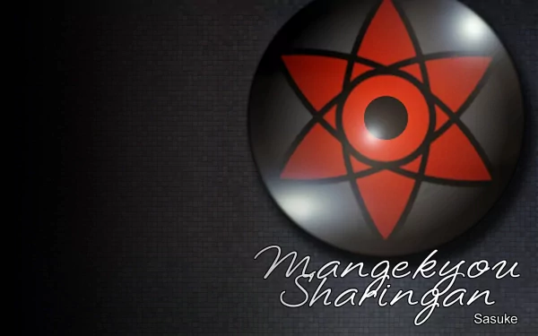 HD desktop wallpaper featuring the Mangekyō Sharingan from the anime Naruto, showcasing its iconic red and black design with elegant text.
