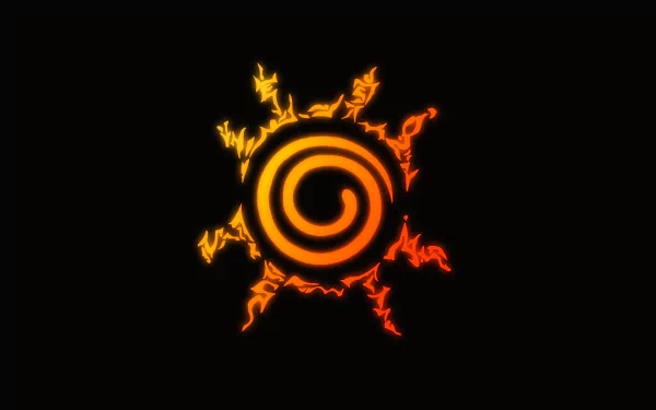 HD desktop wallpaper featuring the Eight Trigrams Sealing Style symbol from the anime Naruto, with a glowing orange spiral and jagged flames on a black background.