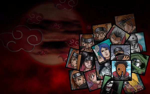 HD PC desktop wallpaper featuring multiple Naruto anime characters against a dark red background with the Akatsuki cloud symbol and a large moon.