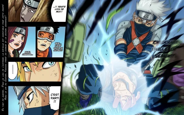 A dynamic HD anime wallpaper featuring Rin Nohara, Obito Uchiha, and Kakashi Hatake from Naruto, showcasing an intense moment with vibrant colors and dramatic action.
