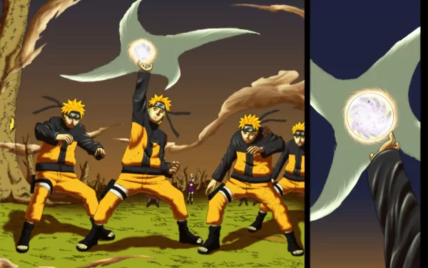 A vibrant HD wallpaper featuring Naruto Uzumaki and Ino Yamanaka from the anime Naruto, showcasing dynamic action and intense moments in a vivid landscape.