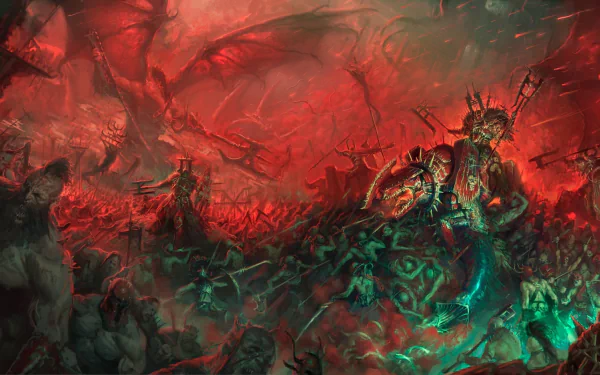 HD PC desktop wallpaper depicting a fierce Warhammer battle scene with barbarian warriors and demons locked in intense combat.
