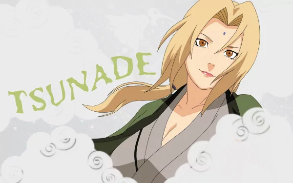 HD desktop wallpaper featuring Tsunade from the anime Naruto. The image showcases Tsunade with her name in the background, surrounded by swirling designs.