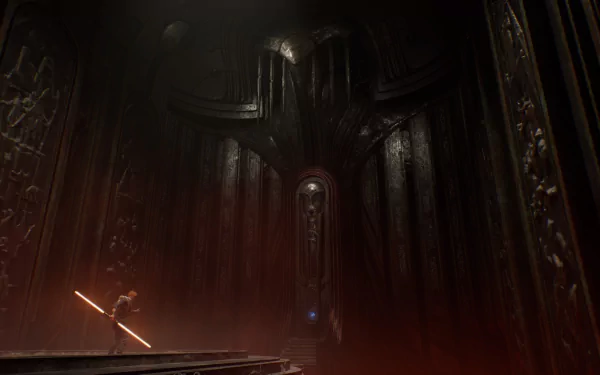 Dark, towering temple interior from the video game Star Wars Jedi: Fallen Order, lone figure wielding an ignited lightsaber on a platform — HD PC desktop wallpaper/background.