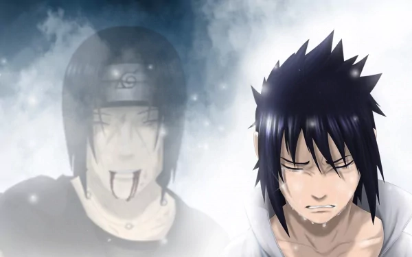 An HD desktop wallpaper featuring Sasuke Uchiha with tears, standing solemnly, while a faint image of Itachi Uchiha appears in the background, from the anime Naruto.