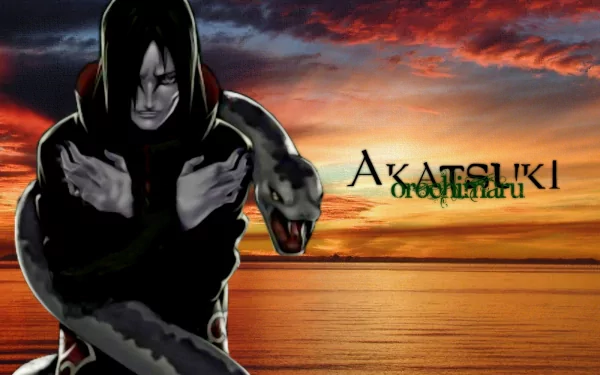 HD desktop wallpaper featuring Orochimaru from the anime Naruto, set against a dramatic sunset background with Akatsuki and Orochimaru text.