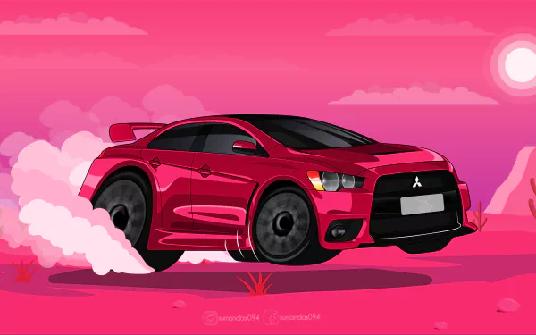 Cartoon-style red Mitsubishi Evo rally car speeding on a pink landscape with smoke trailing behind, rendered in 8K Ultra HD for PC desktop wallpaper.