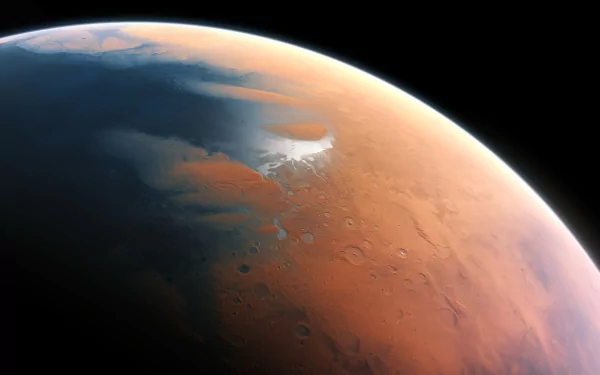 HD desktop wallpaper of a stunning close-up view of Mars, showcasing its detailed surface and atmospheric glow in a sci-fi style.
