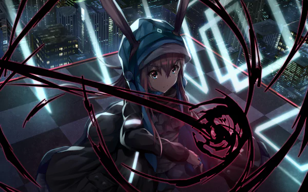 HD PC desktop wallpaper featuring Amiya from the video game Arknights, with a dark urban cityscape and dynamic red energy effects in the background.