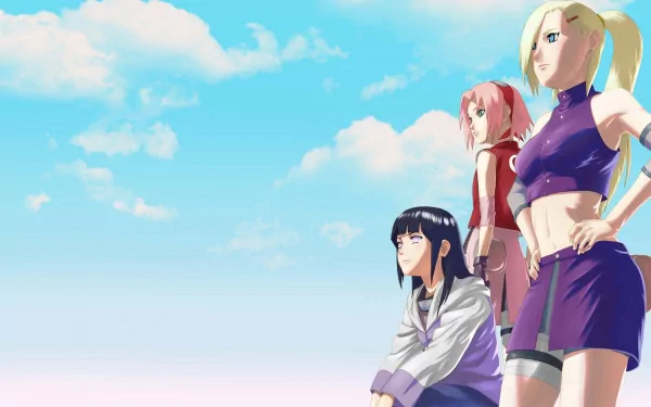 HD desktop wallpaper of Ino Yamanaka, Hinata Hyuga, and Sakura Haruno from the anime Naruto, standing against a bright blue sky.