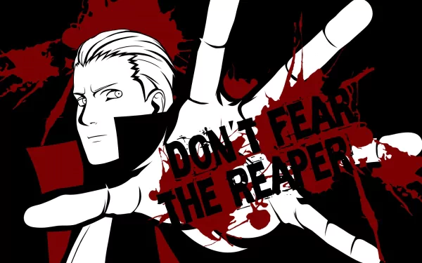 HD desktop wallpaper of Hidan from the anime Naruto, featuring him in Akatsuki attire with the text Don't Fear the Reaper set against a bold, red and black background.
