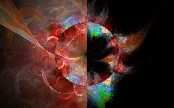 Abstract circular fractal bisected vertically, fiery reds and oranges blending with neon greens and smoky wisps on black — 4K Ultra HD PC desktop wallpaper background.