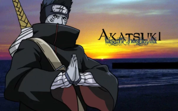 Kisame Hoshigaki from the anime Naruto stands with a mysterious pose against a vibrant sunset, featured in this HD desktop wallpaper showcasing the Akatsuki.