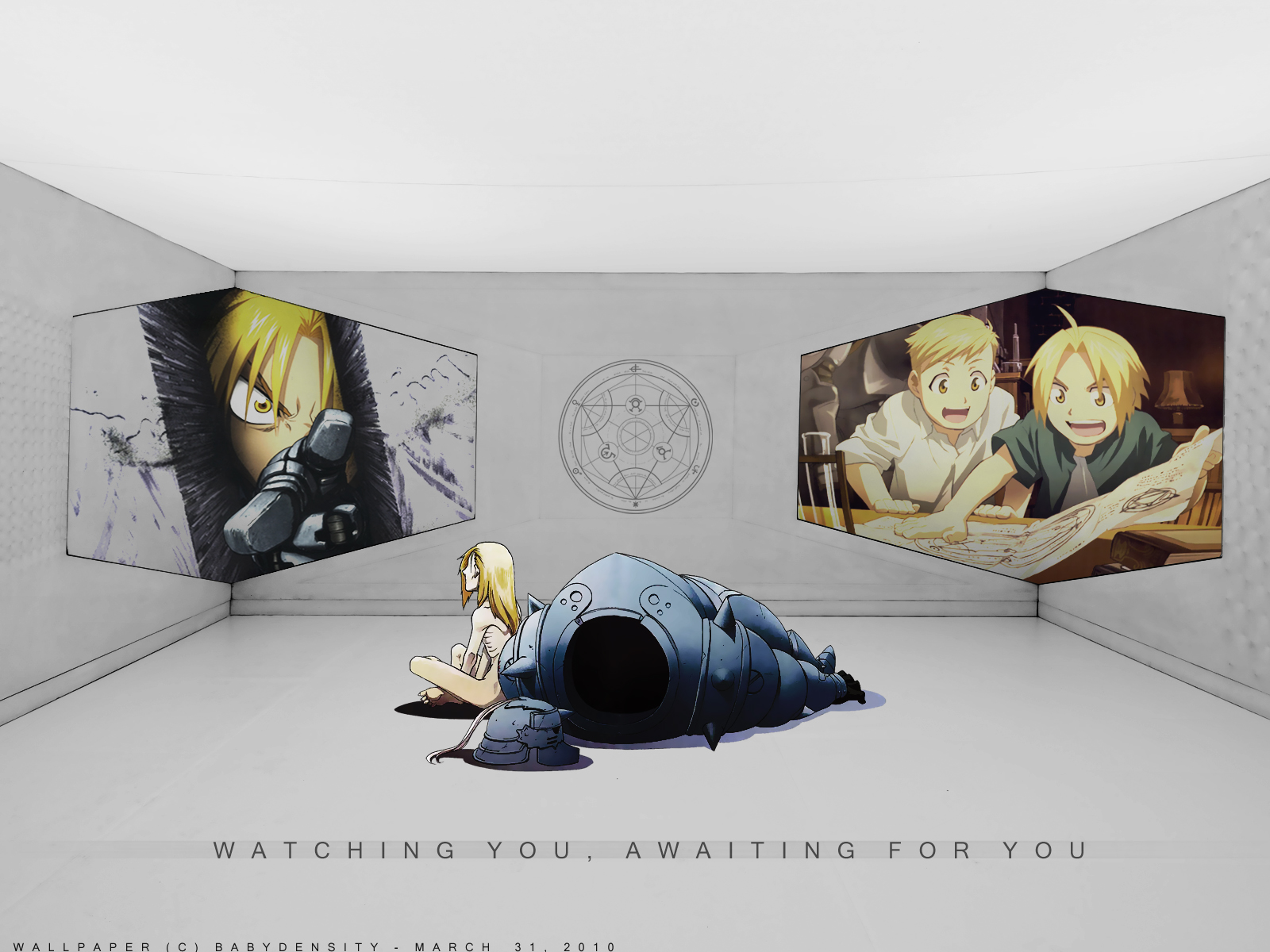 Anime characters Edward and Alphonse Elric from FullMetal Alchemist in a desktop wallpaper.