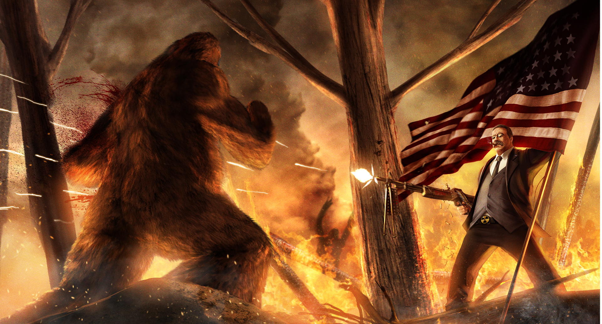 Theodore Roosevelt standing with an American flag, surrounded by fantasy elements and a Bigfoot.