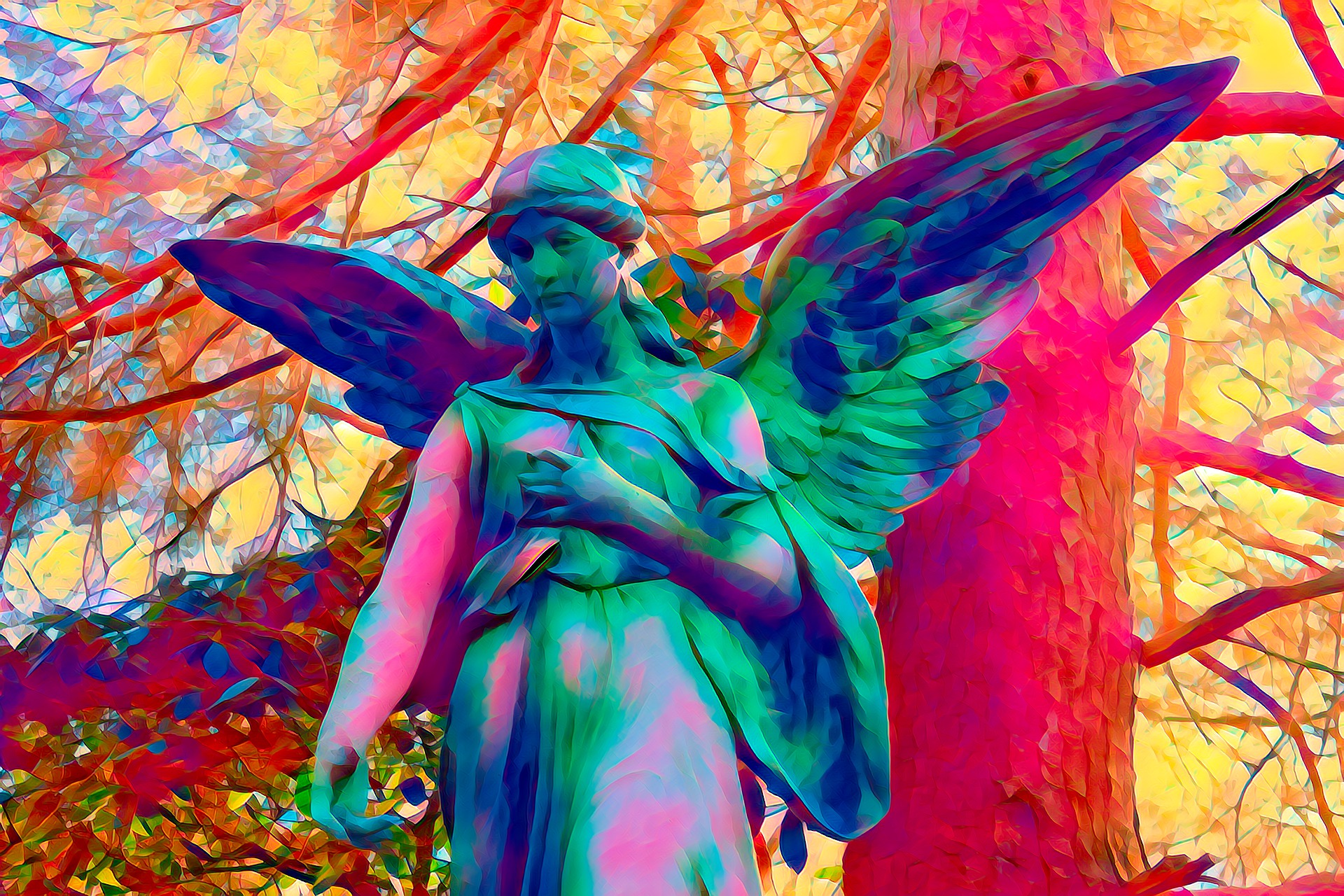 Colorful Artistic Angel Statue in a Cemetery by Marek Studzinski