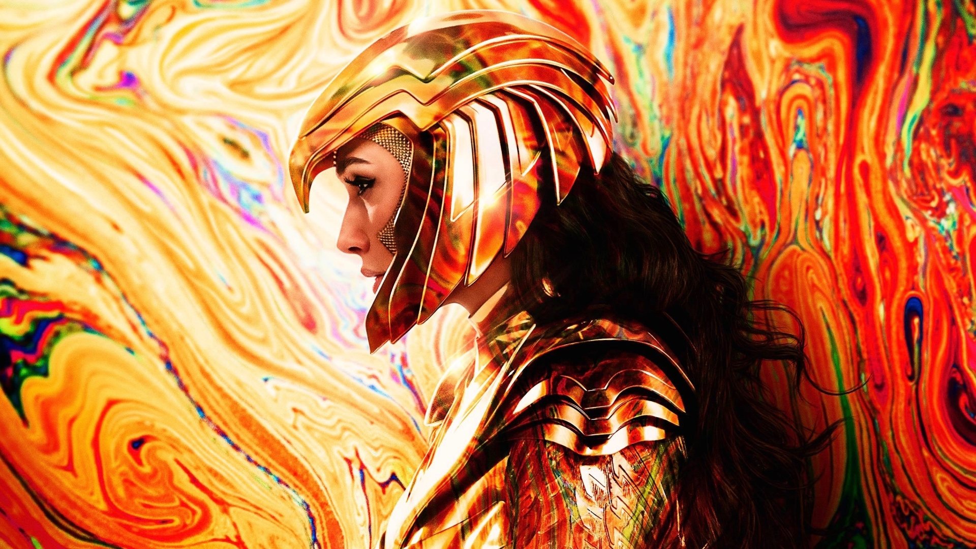 Diana Prince as Wonder Woman in gleaming golden armor, profile against a swirling psychedelic backdrop — 2K Quad HD movie wallpaper from Wonder Woman 1984.