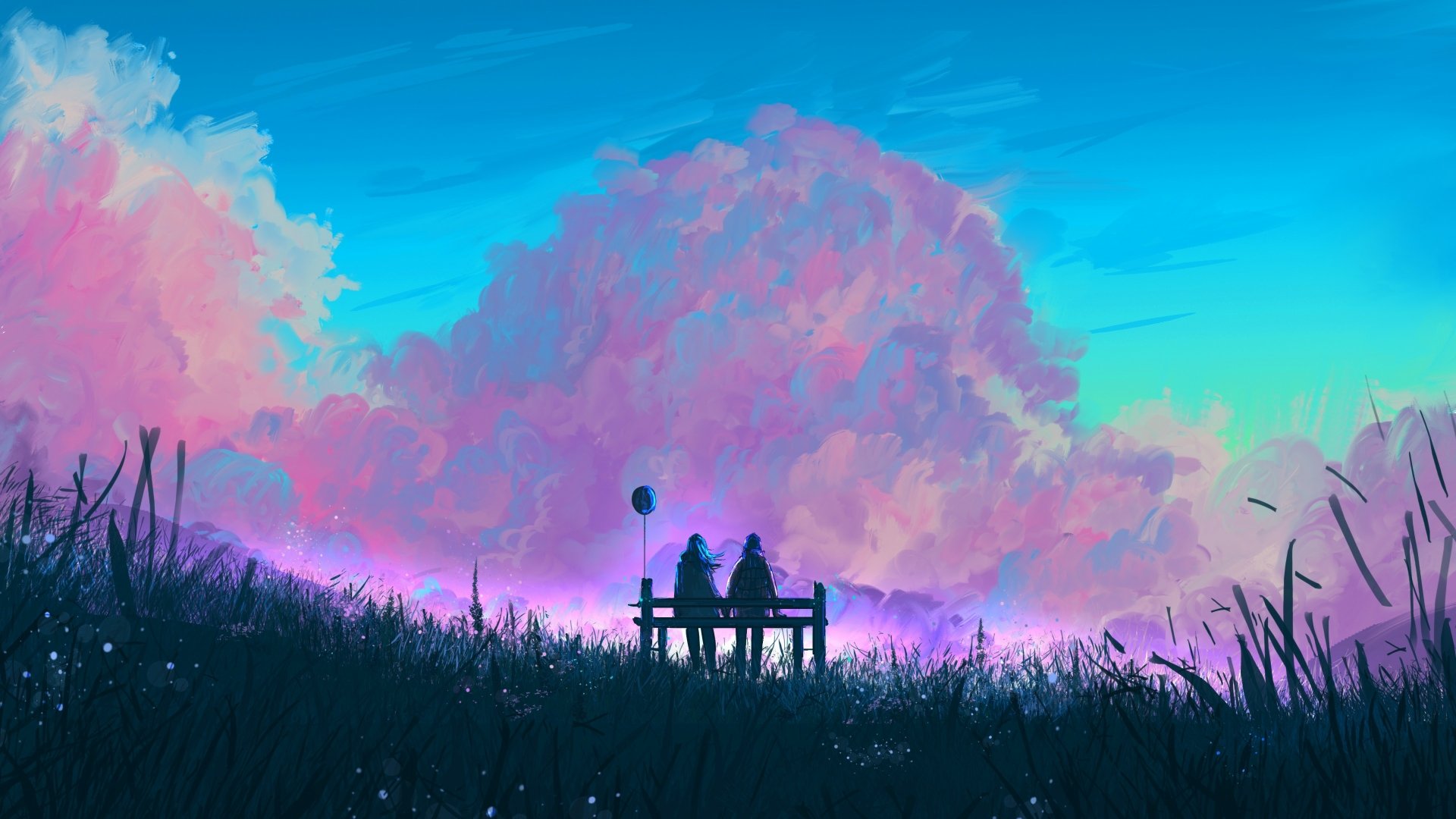 Artistic 4K Ultra HD wallpaper depicting a couple sitting on a bench beneath vibrant, colorful clouds symbolizing love and tranquility.
