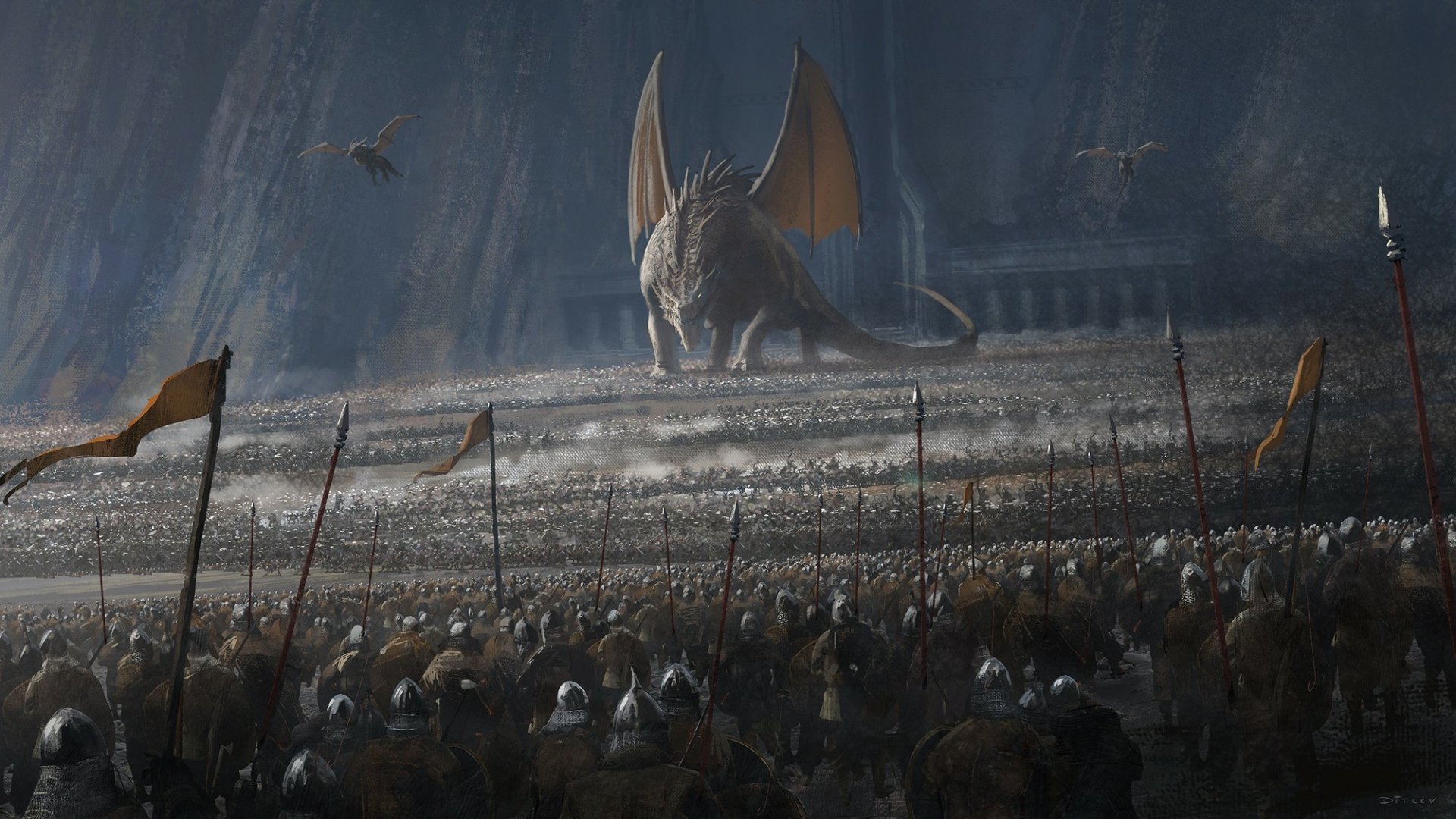 HD fantasy desktop wallpaper depicting a warrior army facing a massive dragon atop ancient stone steps in a dark, epic battle setting.