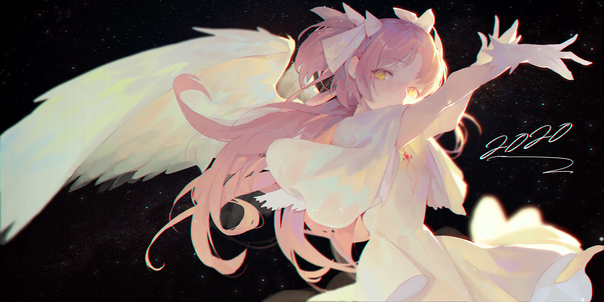 HD PC desktop wallpaper featuring Madoka Kaname from the anime Puella Magi Madoka Magica, depicted with flowing pink hair and angelic wings against a starry background.