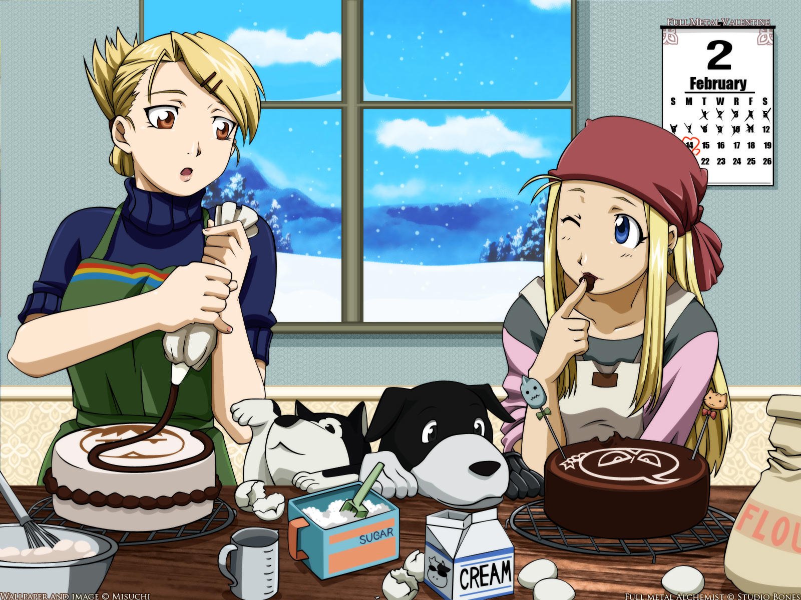 HD anime desktop wallpaper featuring Winry Rockbell and Riza Hawkeye from Fullmetal Alchemist baking together with desserts and dogs on a table by a window.